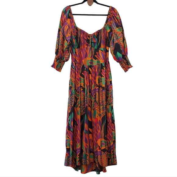 House OF HARLOW 1960 Meadow Print Ballon Sleeve Smoked Waist Midi Dress sz Large - Picture 3 of 15